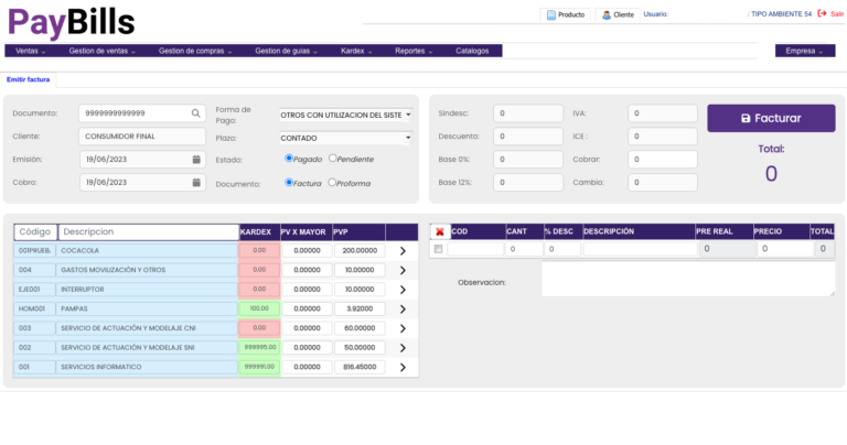 Sistema de facturación Paybills